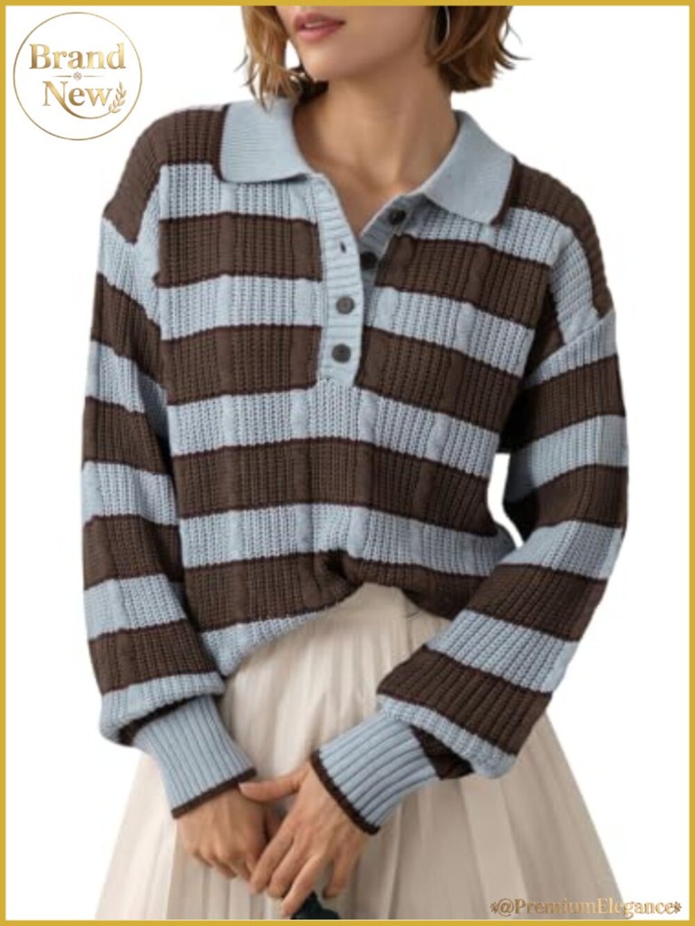 Women's Cable Knit Pullover Sweater with Lapel Collar & Button Front - Cotton